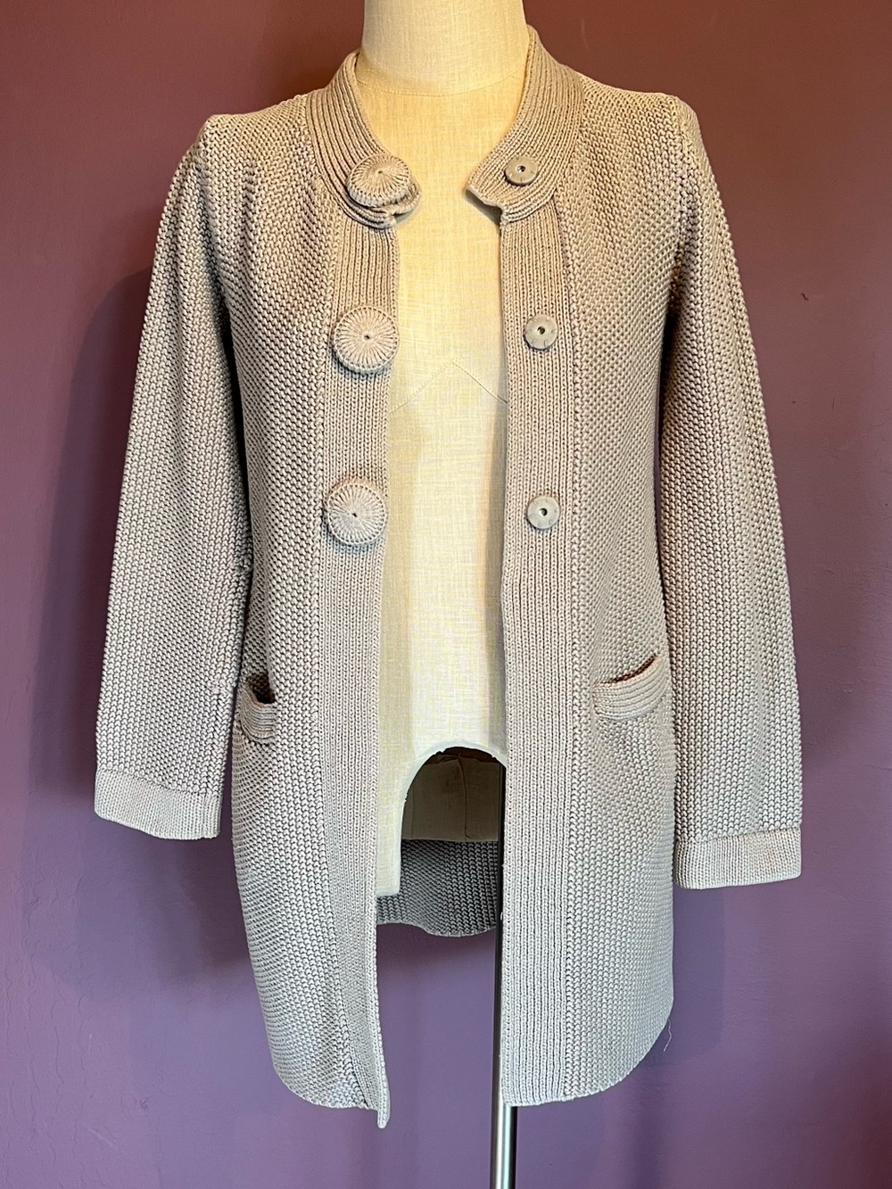 🩶Boden 100% Cotton Long Crochet Button Cardigan in Pale Grey - Picture 4 of 6